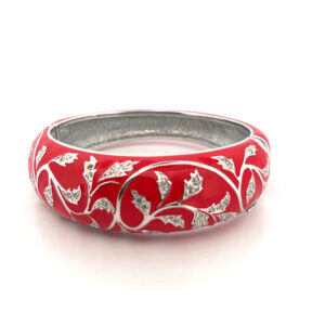 Floral Pattern Statement Bangle With Red Enamel And Sparkling Czech Crystals | Rhodium Plated