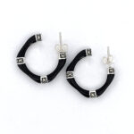Bamboo Style Half Hoop Earrings With Black Enamel And Marcasite Detail Finished In 925 English Hallmarked Sterling Silver