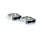 Bamboo Style Half Hoop Earrings With Black Enamel And Marcasite Detail Finished In 925 English Hallmarked Sterling Silver