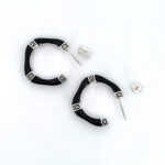 Bamboo Style Half Hoop Earrings With Black Enamel And Marcasite Detail Finished In 925 English Hallmarked Sterling Silver