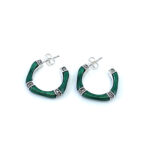 Bamboo Style Half Hoop Earrings With Green Enamel And Marcasite Detail Finished In 925 English Hallmarked Sterling Silver