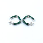 Bamboo Style Half Hoop Earrings With Green Enamel And Marcasite Detail Finished In 925 English Hallmarked Sterling Silver