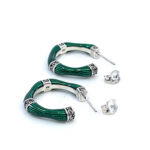 Bamboo Style Half Hoop Earrings With Green Enamel And Marcasite Detail Finished In 925 English Hallmarked Sterling Silver