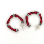 Bamboo Style Half Hoop Earrings With Red Enamel And Marcasite Detail Finished In 925 English Hallmarked Sterling Silver