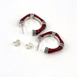 Bamboo Style Half Hoop Earrings With Red Enamel And Marcasite Detail Finished In 925 English Hallmarked Sterling Silver
