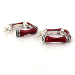 Bamboo Style Half Hoop Earrings With Red Enamel And Marcasite Detail Finished In 925 English Hallmarked Sterling Silver