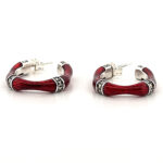 Bamboo Style Half Hoop Earrings With Red Enamel And Marcasite Detail Finished In 925 English Hallmarked Sterling Silver