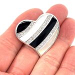 Heart Brooch With Black Enamel Mother Of Pearl And Crystals, finished in 925 English Hallmarked Sterling Silver 3 Heart Brooch With Black Enamel Mother Of Pearl And Crystals, finished in 925 English Hallmarked Sterling Silver