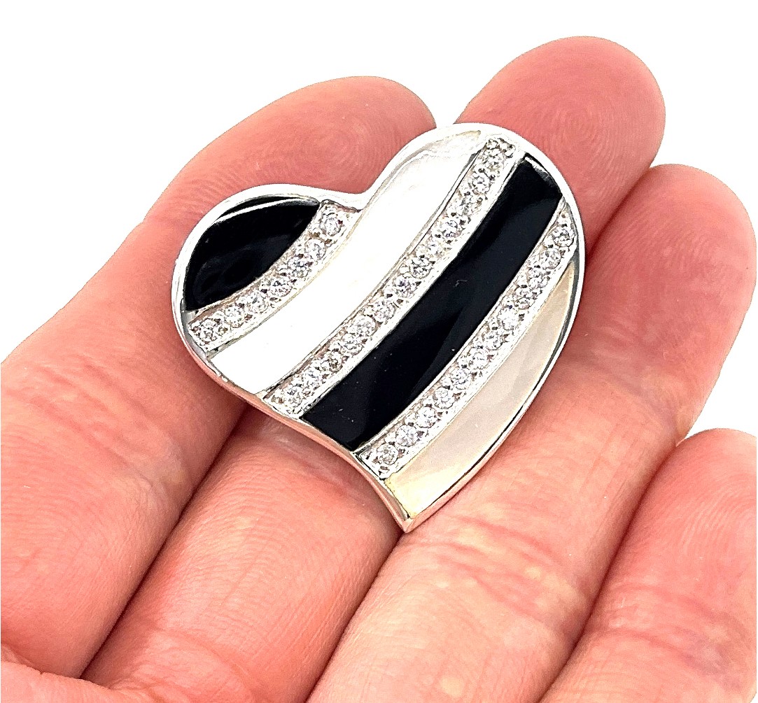 B395 (1) Heart Brooch With Black Enamel Mother Of Pearl And Crystals, finished in 925 English Hallmarked Sterling Silver