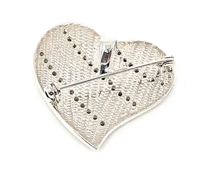 B395 (8) Heart Brooch With Black Enamel Mother Of Pearl And Crystals, finished in 925 English Hallmarked Sterling Silver