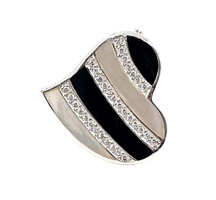 B395 (6) Heart Brooch With Black Enamel Mother Of Pearl And Crystals, finished in 925 English Hallmarked Sterling Silver