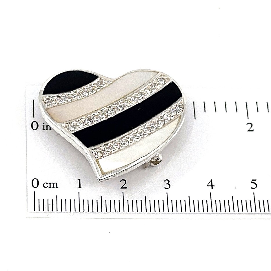 B395 (2) Heart Brooch With Black Enamel Mother Of Pearl And Crystals, finished in 925 English Hallmarked Sterling Silver