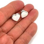 Heart Shaped Stud Earrings With White Crushed Opal Resin Detail Finished In 925 English Hallmarked Sterling Silver