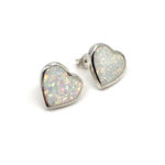 Heart Shaped Stud Earrings With White Crushed Opal Resin Detail Finished In 925 English Hallmarked Sterling Silver