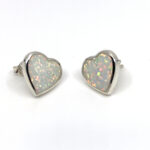 Heart Shaped Stud Earrings With White Crushed Opal Resin Detail Finished In 925 English Hallmarked Sterling Silver