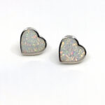 Heart Shaped Stud Earrings With White Crushed Opal Resin Detail Finished In 925 English Hallmarked Sterling Silver