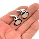 Hexagonal Torpedo Cufflinks Set With Enamel And Mother Of Pearl In 925 English Hallmarked Sterling Silver
