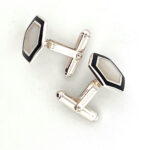 Hexagonal Torpedo Cufflinks Set With Enamel And Mother Of Pearl In 925 English Hallmarked Sterling Silver