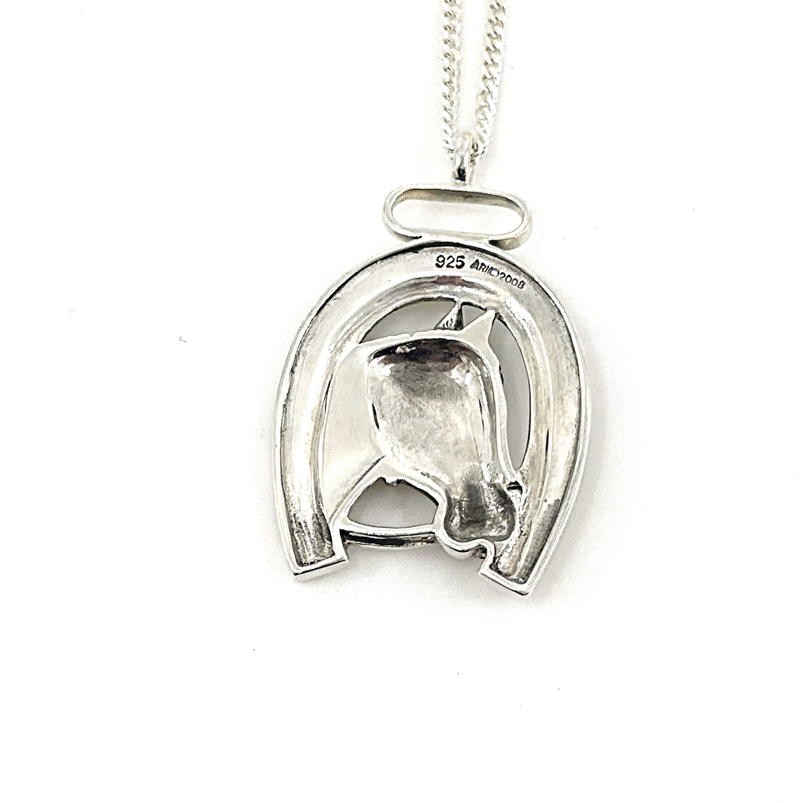 PT404 (7) Horse Head In Horseshoe Pendant On Rope Chain, Finished In 925 English Hallmarked Sterling Silver