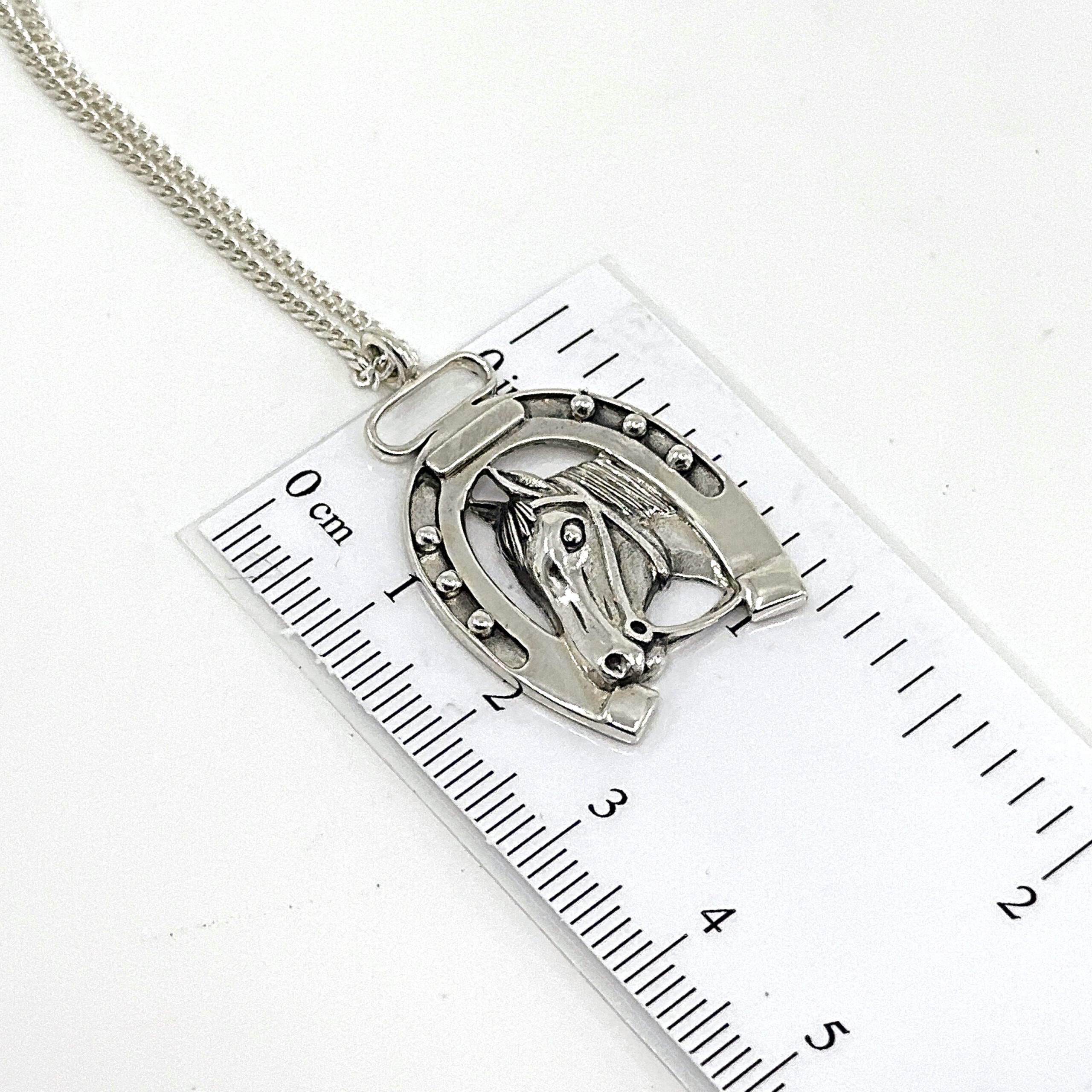 PT404 (4) Horse Head In Horseshoe Pendant On Rope Chain, Finished In 925 English Hallmarked Sterling Silver