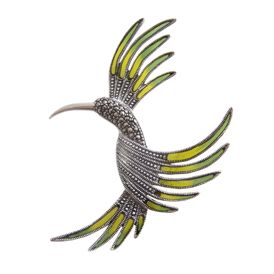 B509 (4) Hummingbird Brooch Art Deco Style With Enamel And Marcasite, finished in 925 English Hallmarked Sterling Silver