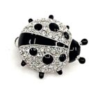 Ladybird Ladybug Pin Brooch Rhodium Plated Metal Alloy Set With Enamel And Clear Czech Crystals