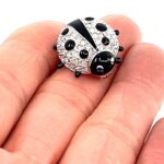 Ladybird Ladybug Pin Brooch Rhodium Plated Metal Alloy Set With Enamel And Clear Czech Crystals