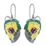 Ladybird On Leaf Drop Earrings With Coloured Enamel And Marcasite Detail Finished In 925 English Hallmarked Sterling Silver