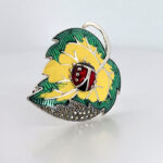 Ladybird On Leaf Brooch With Enamel And Marcasite, finished in 925 English Hallmarked Sterling Silver