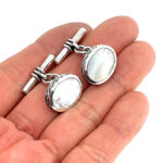 Oval Chain Link Cufflinks Set With Mother Of Pearl In 925 English Hallmarked Sterling Silver