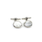 Oval Chain Link Cufflinks Set With Mother Of Pearl In 925 English Hallmarked Sterling Silver