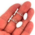 Oval Chain Link Cufflinks Set With Mother Of Pearl In 925 English Hallmarked Sterling Silver