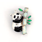 Panda Brooch With Black Enamel And White And Green Crushed Opal Resin Finished In 925 English Hallmarked Sterling Silver