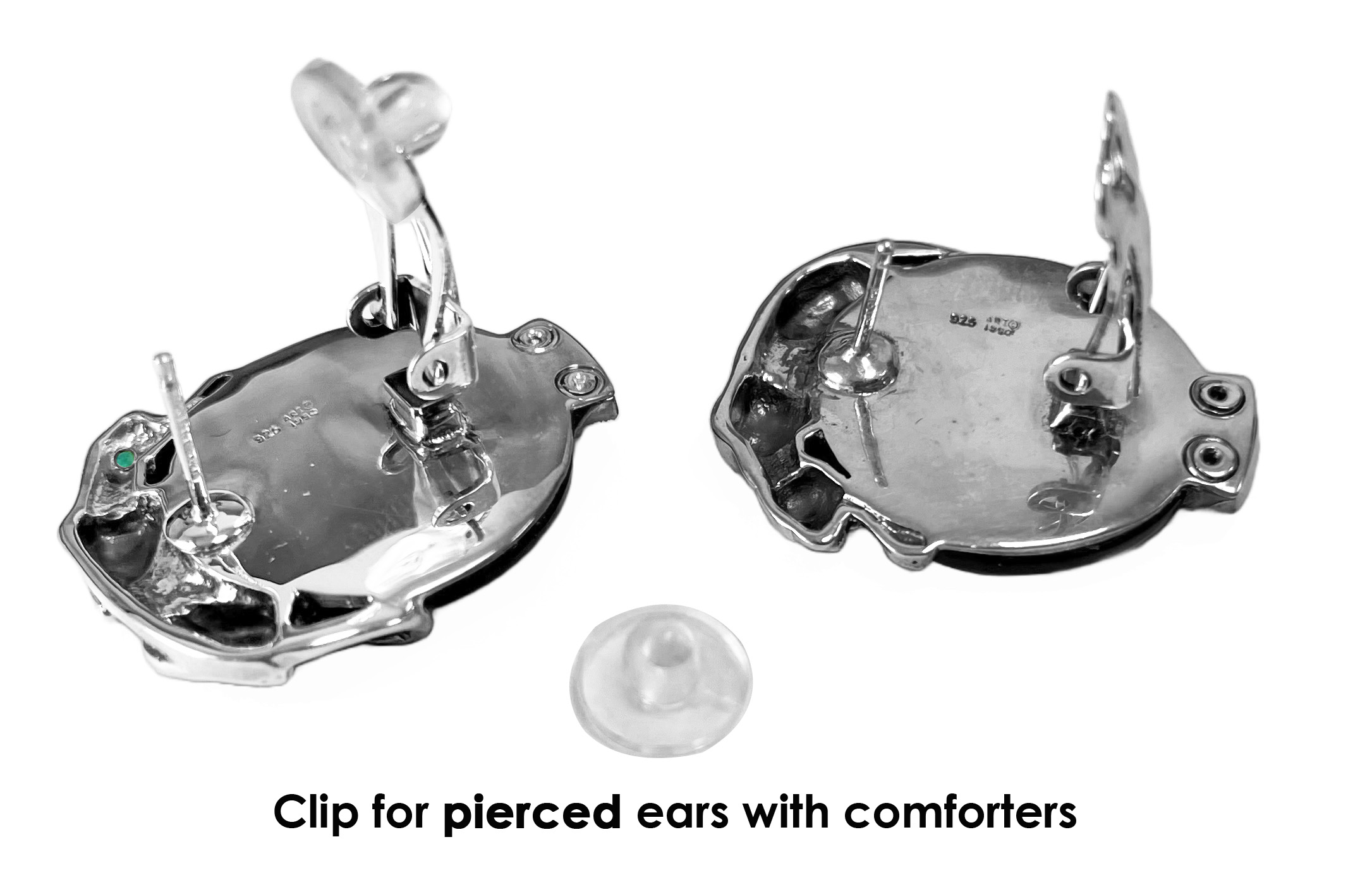 Clip for pierced ears with comforters Panther Earrings With Black Onyx Marcasite And Emerald Detail Finished In 925 English Hallmarked Sterling Silver