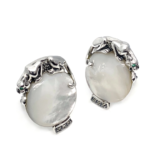 Panther Earrings With Mother Of Pearl Marcasite And Emerald Detail Finished In 925 English Hallmarked Sterling Silver