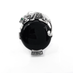 Panther Ring Set With Black Onyx, Marcasite And Emerald Eyes Finished In 925 English Hallmarked Sterling Silver