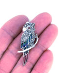 Parrot Pin Brooch With Enamel Marcasite And Garnet Eyes Finished In 925 English Hallmarked Sterling Silver