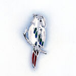 Parrot Pin Brooch With Enamel Marcasite And Garnet Eyes Finished In 925 English Hallmarked Sterling Silver