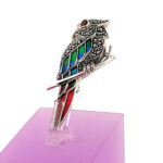 Parrot Pin Brooch With Enamel Marcasite And Garnet Eyes Finished In 925 English Hallmarked Sterling Silver