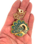 Peacock Pin Brooch Pendant Gold Plated Metal Alloy Set With Enamel And Czech Crystals