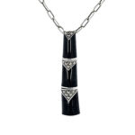 Bamboo Style Pendant Necklace With Black Enamel And Marcasite finished In 925 English Hallmarked Sterling Silver