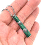 Bamboo Style Pendant Necklace With Green Enamel And Marcasite Finished In 925 English Hallmarked Sterling Silver