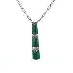 Bamboo Style Pendant Necklace With Green Enamel And Marcasite Finished In 925 English Hallmarked Sterling Silver