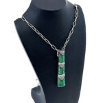 Bamboo Style Pendant Necklace With Green Enamel And Marcasite Finished In 925 English Hallmarked Sterling Silver