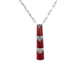 Bamboo Style Pendant Necklace With Red Enamel And Marcasite Finished In 925 English Hallmarked Sterling Silver