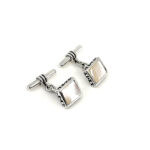 Rectangular Chain Link Cufflinks Set With Mother Of Pearl In 925 English Hallmarked Sterling Silver