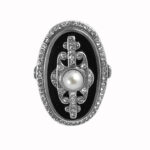Ring With Black Enamel, Pearl And Crystal Finished In 925 English Hallmarked Sterling Silver