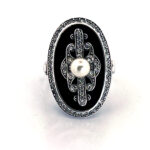 Ring With Black Enamel, Pearl And Crystal Finished In 925 English Hallmarked Sterling Silver
