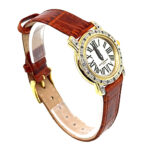 Round Diamond Set Watch With Brown Leather Strap And Diamond Set Winder Finished In 925 English Hallmarked Sterling Silver