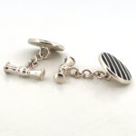 Round Striped Chain Link Cufflinks Set With Black Onyx In 925 English Hallmarked Sterling Silver